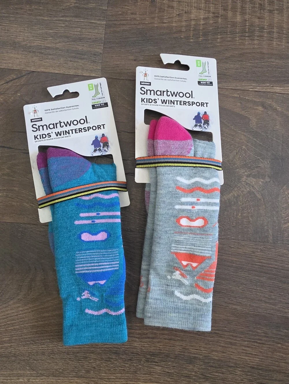 Smartwool Kids' Athletic Ski Socks - 1 Teal & 1 Light Gray with Pink Accents